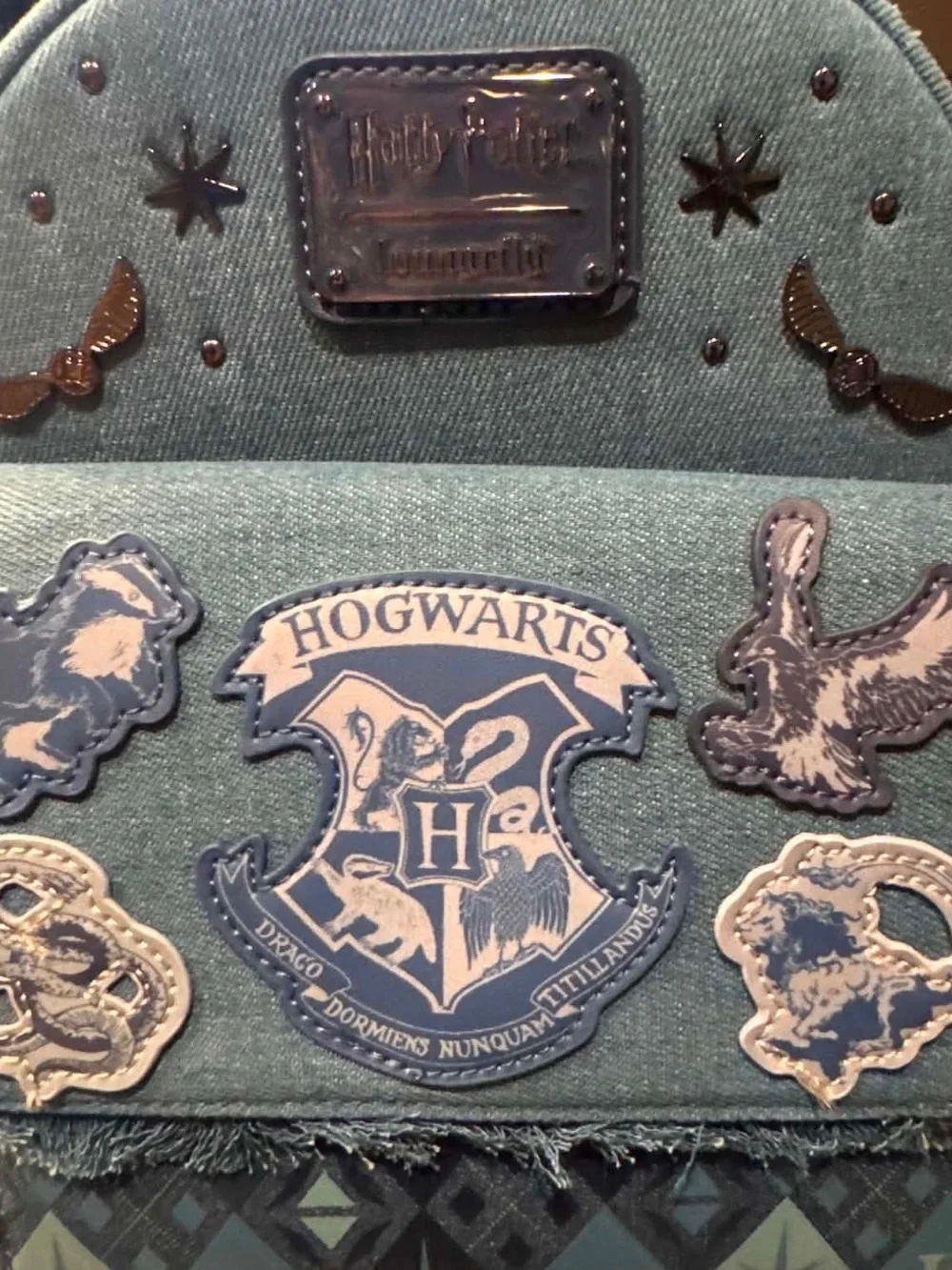 RARE HARRY POTTER Loungefly Denim & leather Hogwarts Crest Mini Backpack - Blue